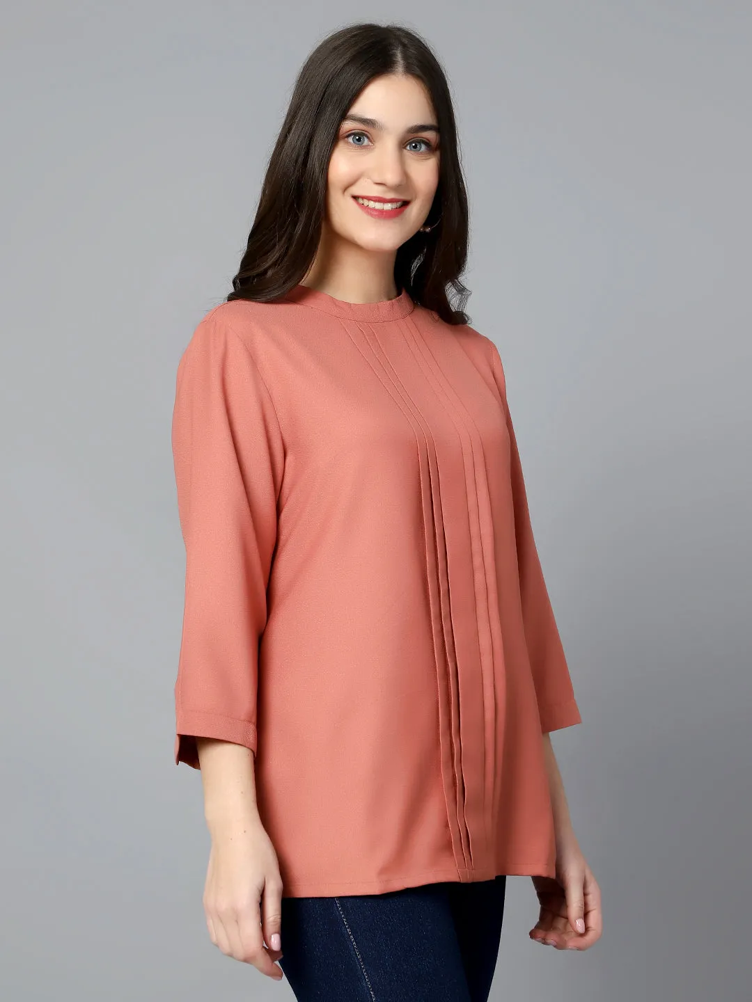 Women's Casual  Pink Mx Solid Band Collar Tunic