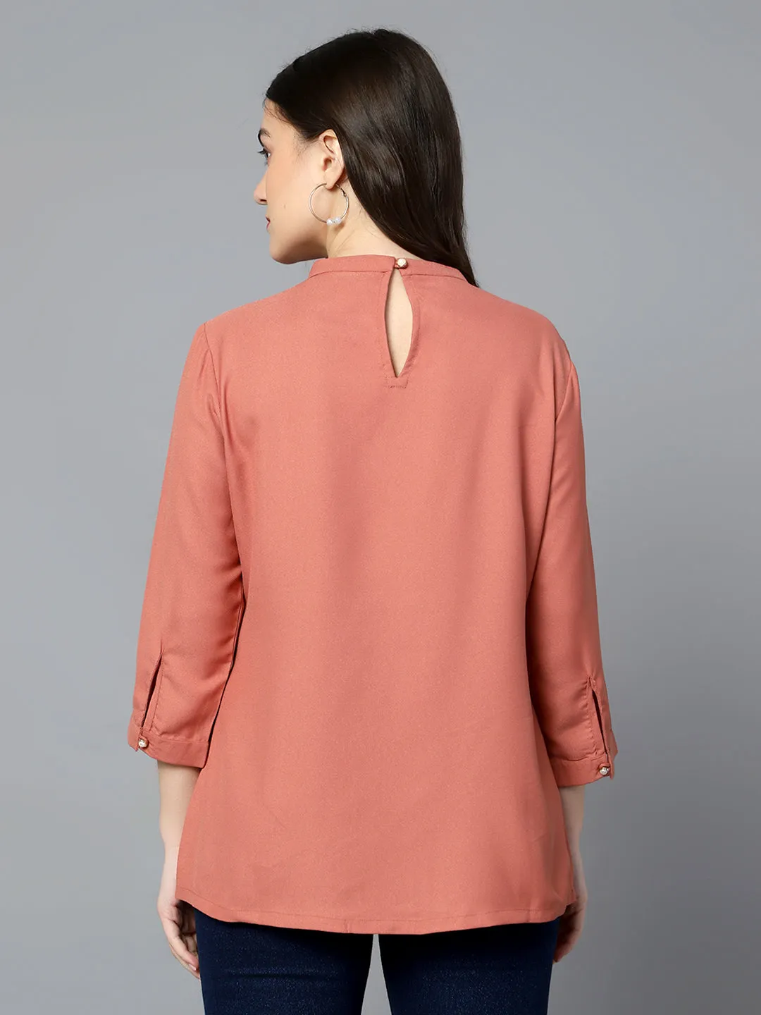 Women's Casual  Pink Mx Solid Band Collar Tunic