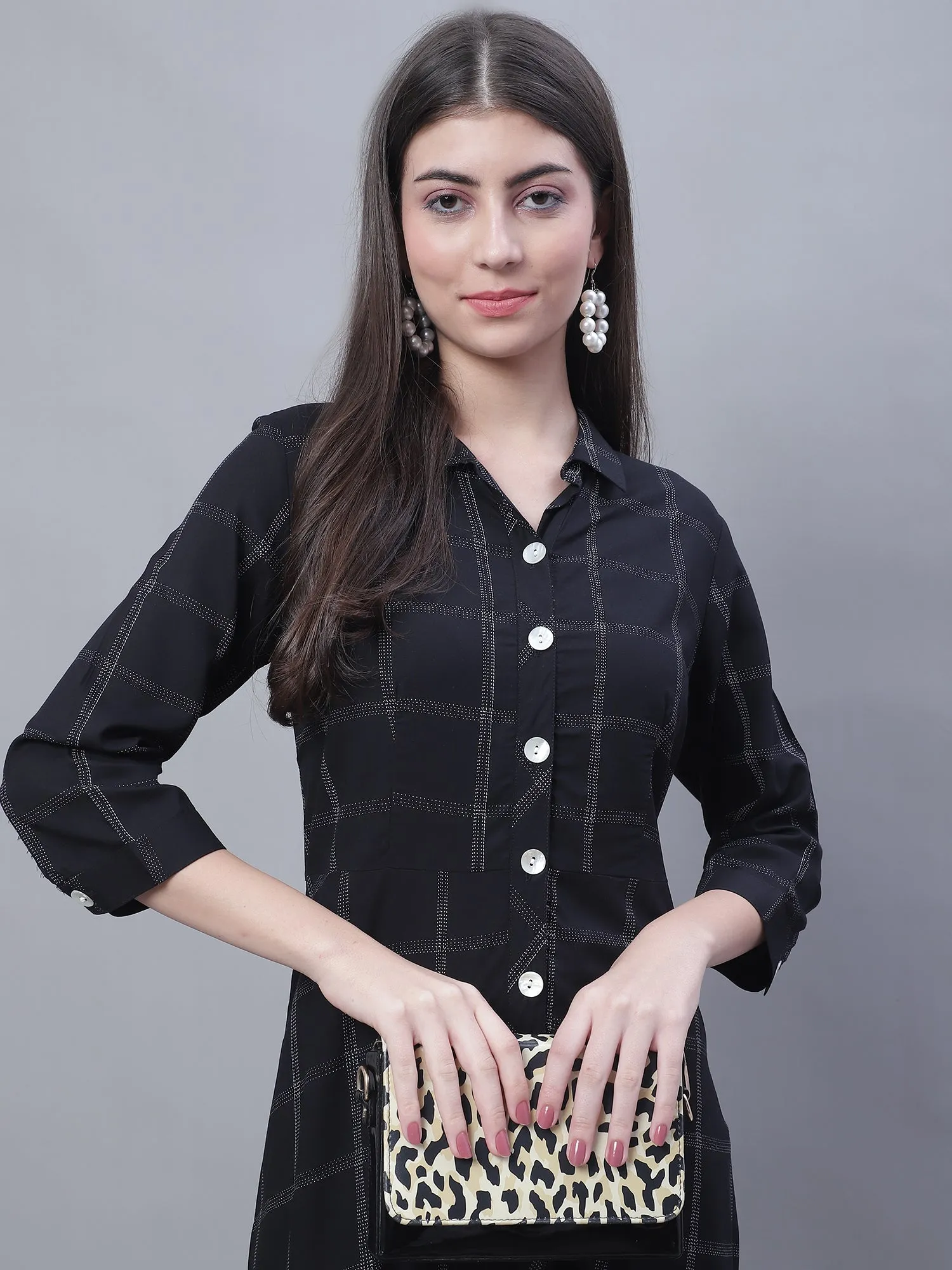 Women's Casual Shirt Collar Black Checks Fit & Flared Dress