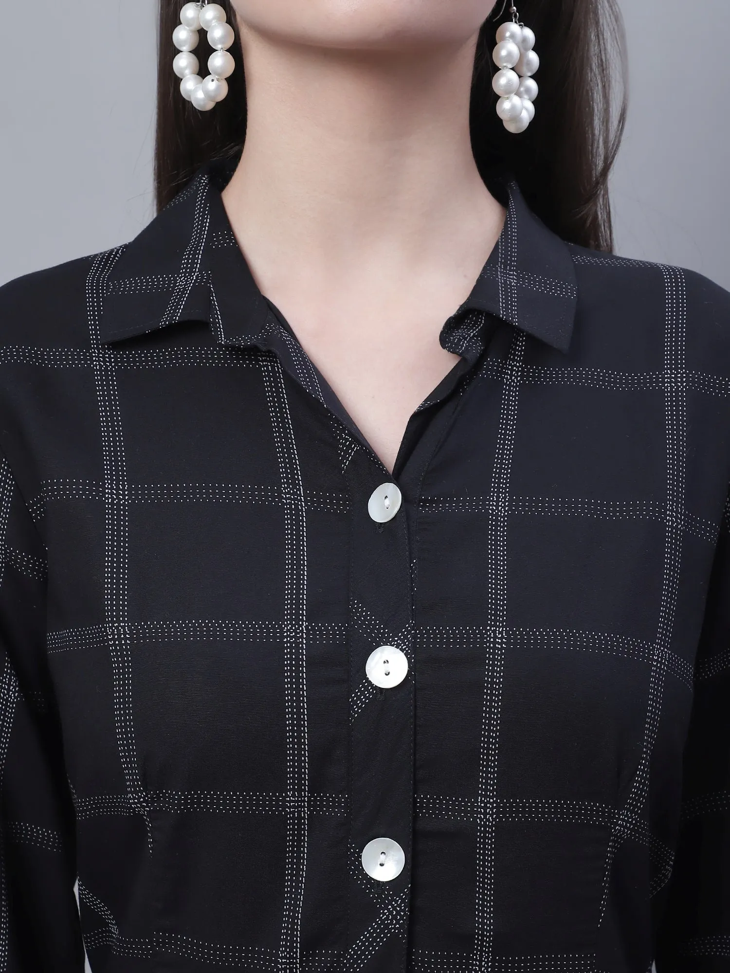 Women's Casual Shirt Collar Black Checks Fit & Flared Dress