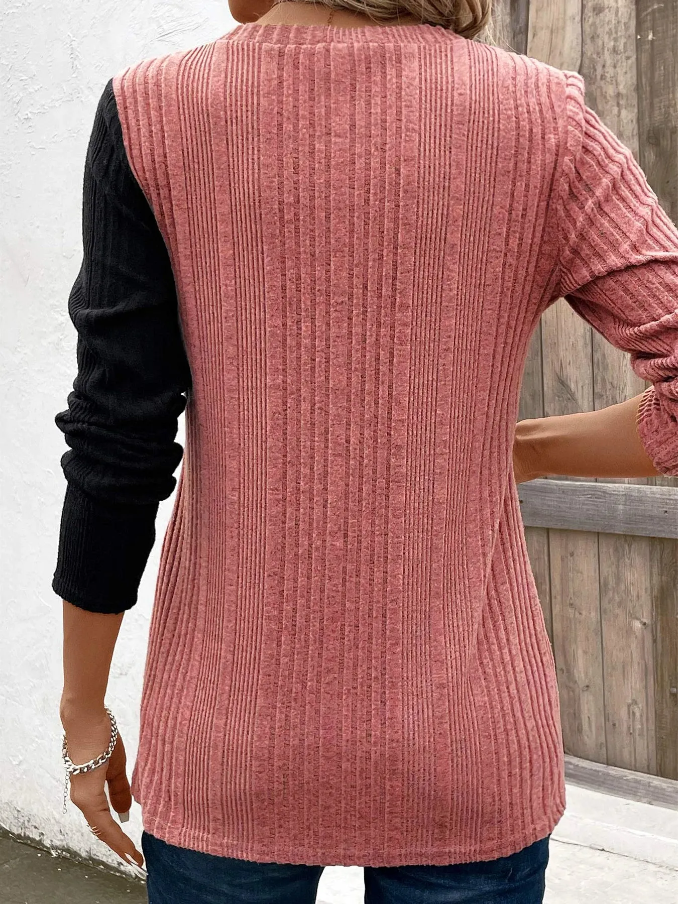 Womens Ribbed Colourblock Button Decor Casual Long Sleeve Knit Top