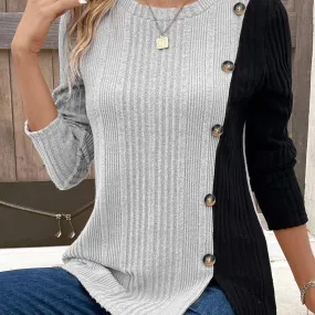 Womens Ribbed Colourblock Button Decor Casual Long Sleeve Knit Top