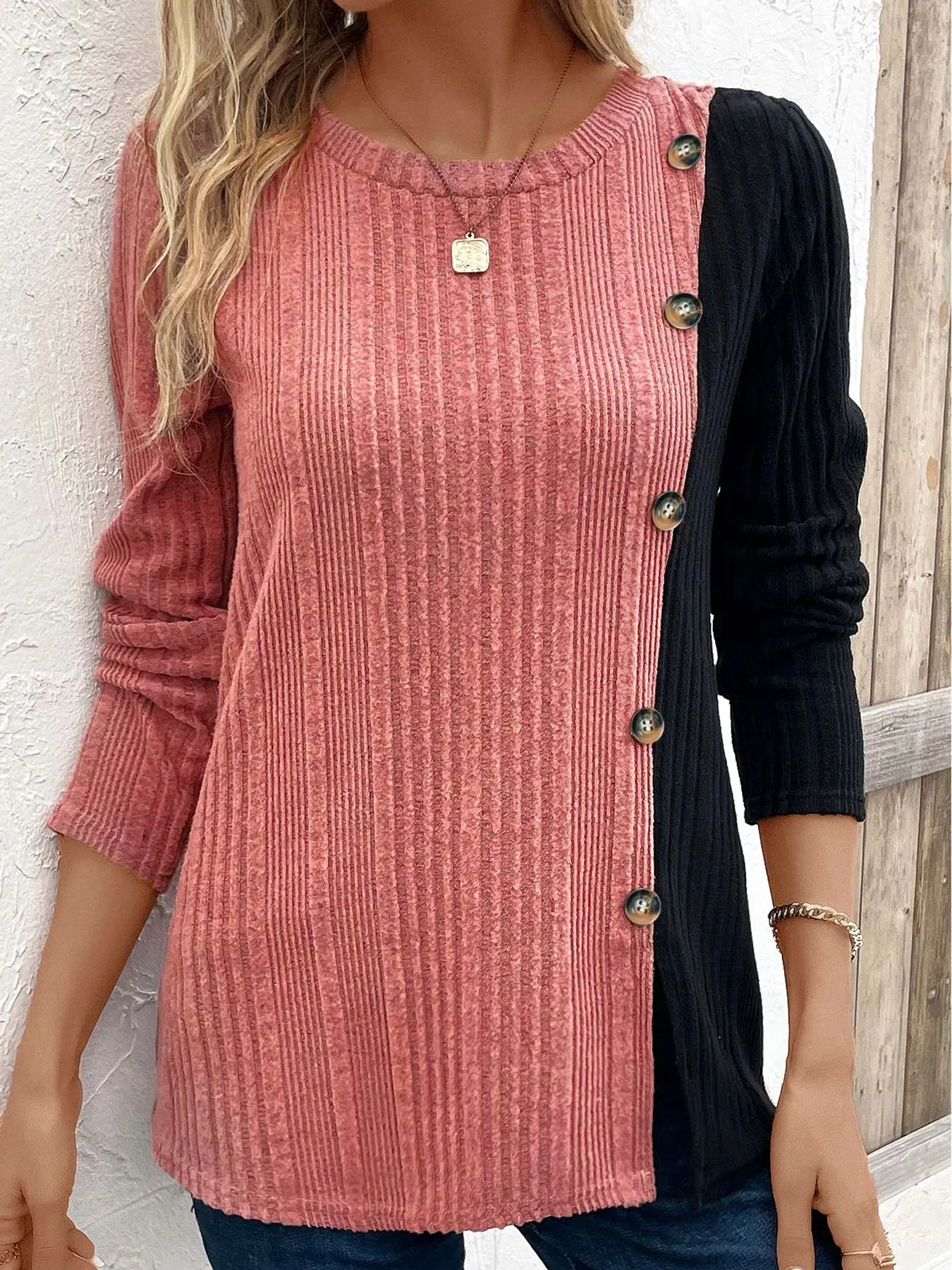 Womens Ribbed Colourblock Button Decor Casual Long Sleeve Knit Top