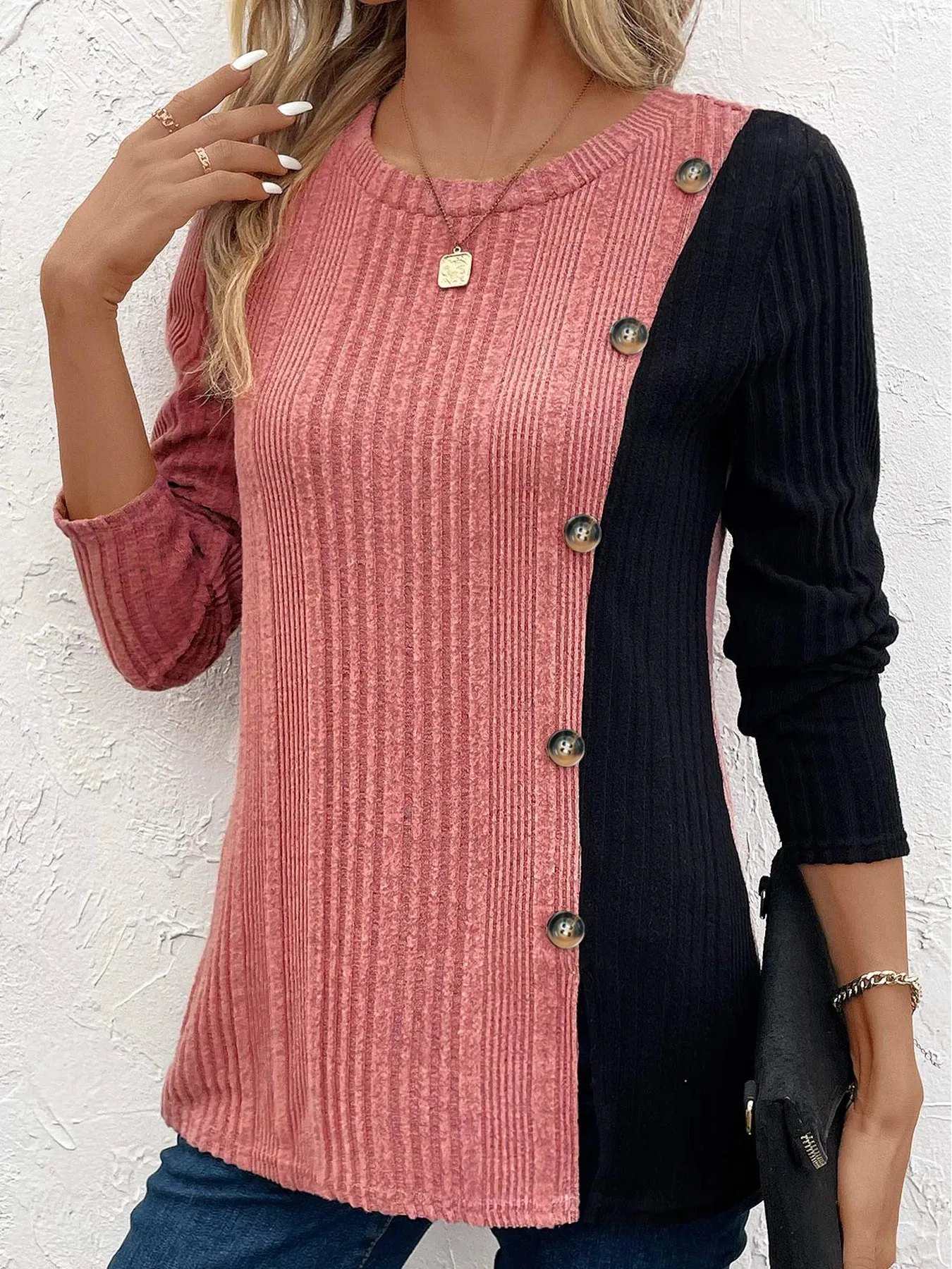 Womens Ribbed Colourblock Button Decor Casual Long Sleeve Knit Top