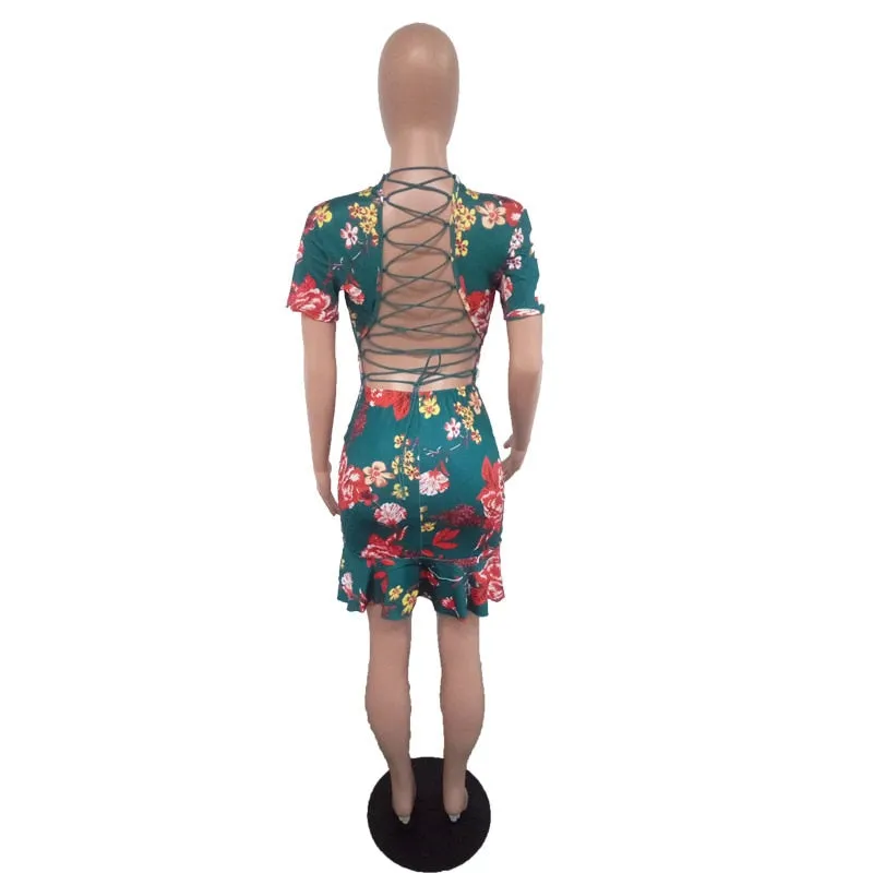 Women's V-Neck Open-Back Floral Print Short Summer Party Dress